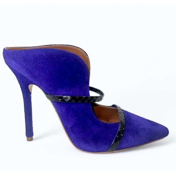 Malone Souliers Shoes - NEW MALONE SOULIERS Maureen Purple Suede Snakeskin Trim Stiletto Mules S…